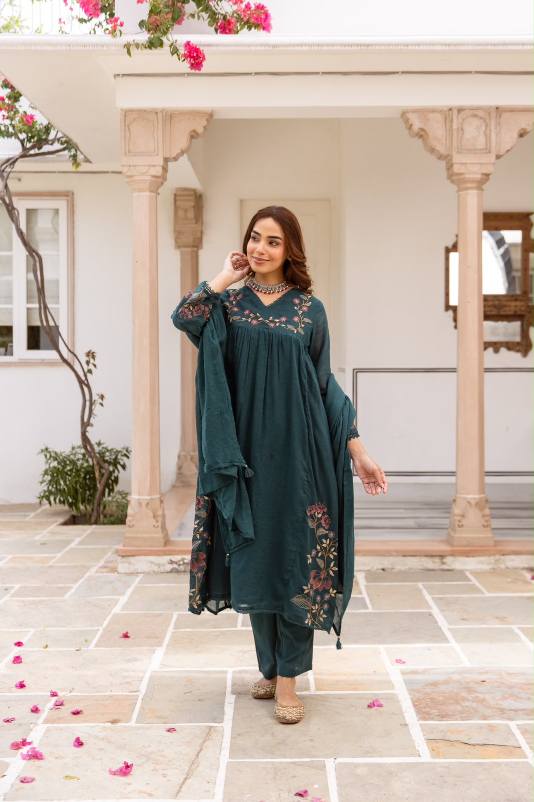 Kota checks cotton embroidered full Anarkali suit set