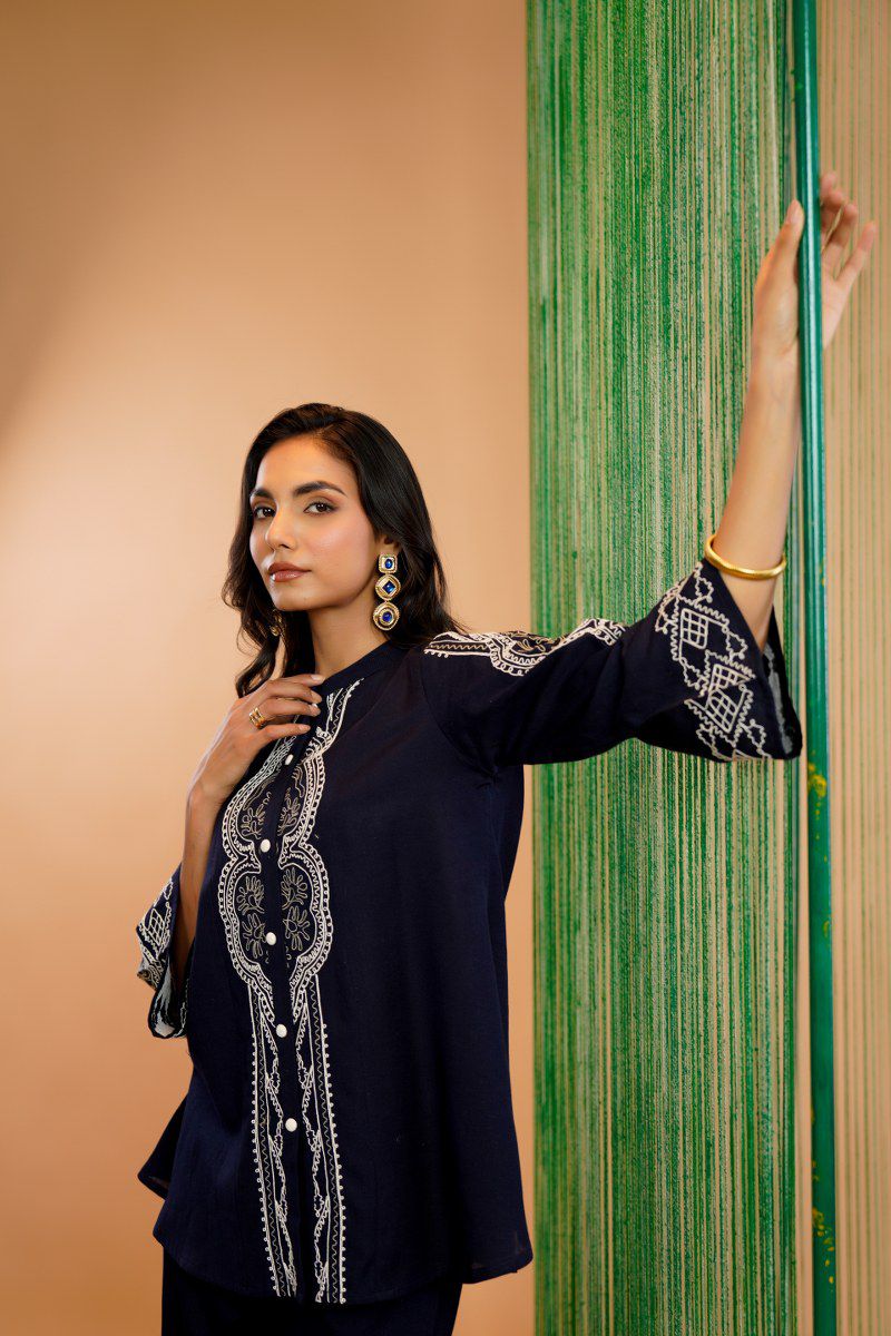 Soft denim look cottton embroidered Co ord set