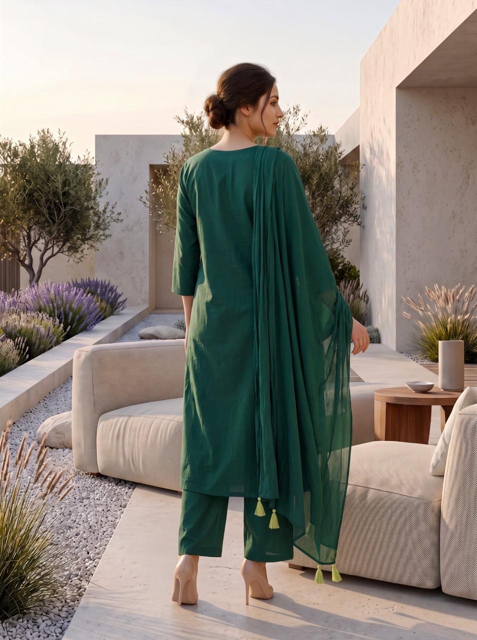 Pretty cotton embroidered suit set in green