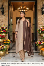 Mul chanderi with sequence work in dual tone lining suit set in brown