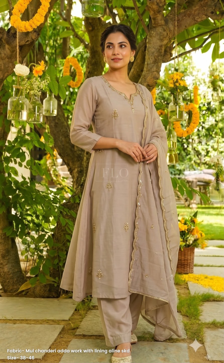 Pretty Mul chanderi with heavy handwork ful suit