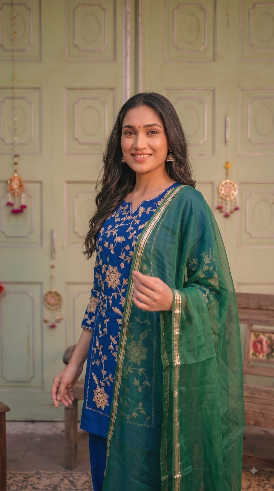 Zari embroidered banarsi super soft Mul chanderi lining full suit in blue