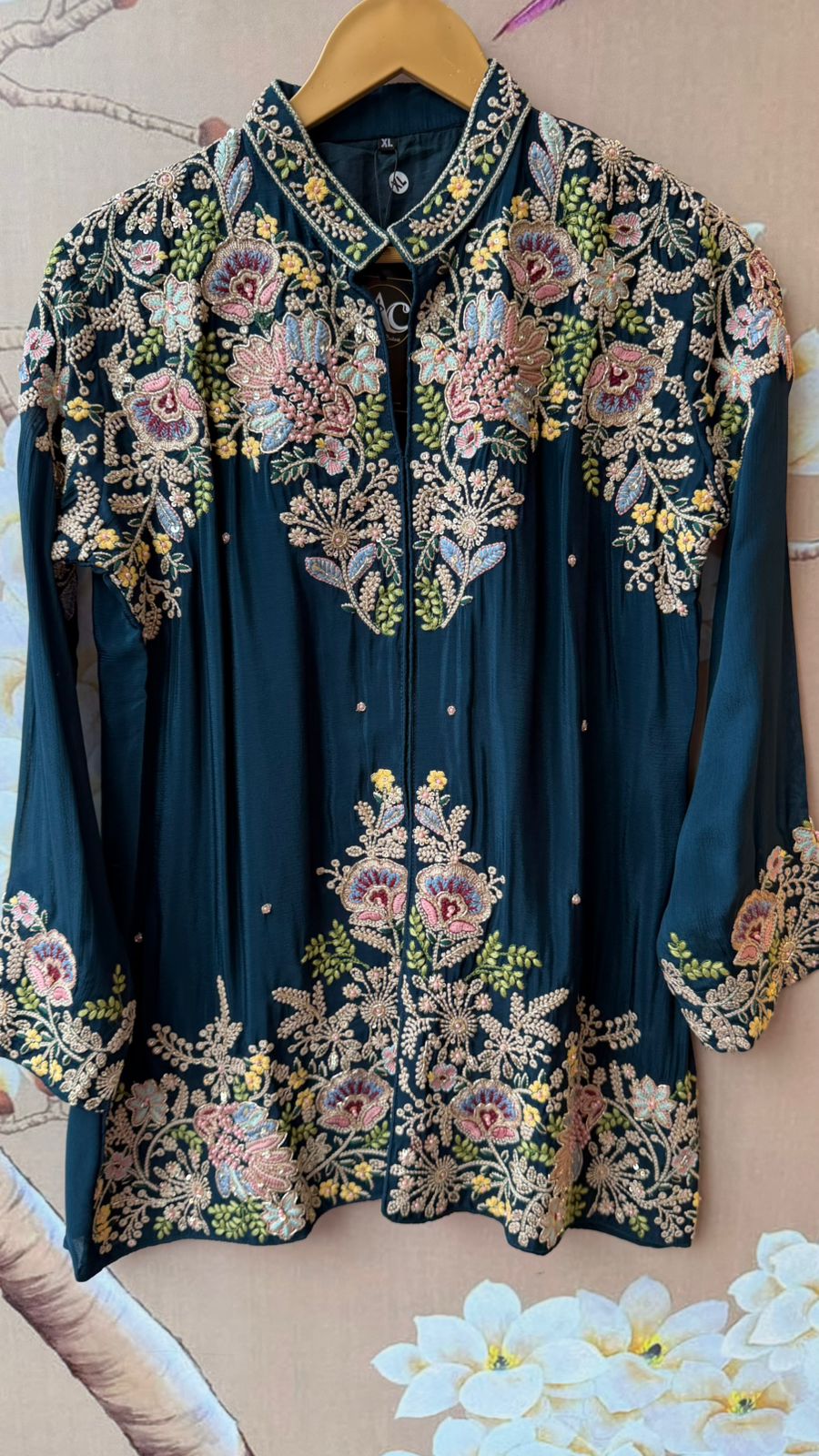 Premium chinon heavy handwork co ord set paired with bell bottom in teal blue