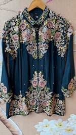 Premium chinon heavy handwork co ord set paired with bell bottom in teal blue