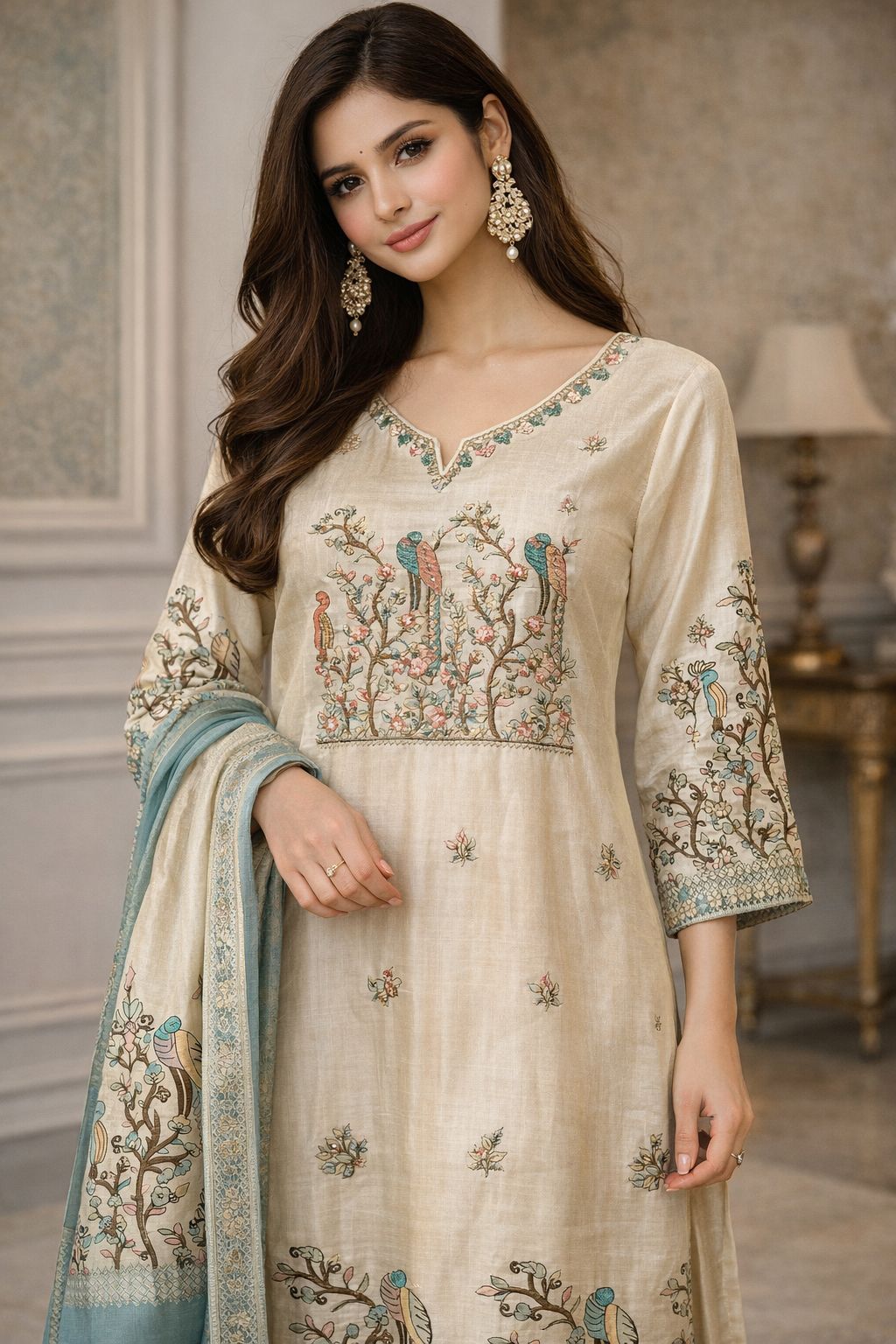 Viscose silk digital printed plus embroidered suit set