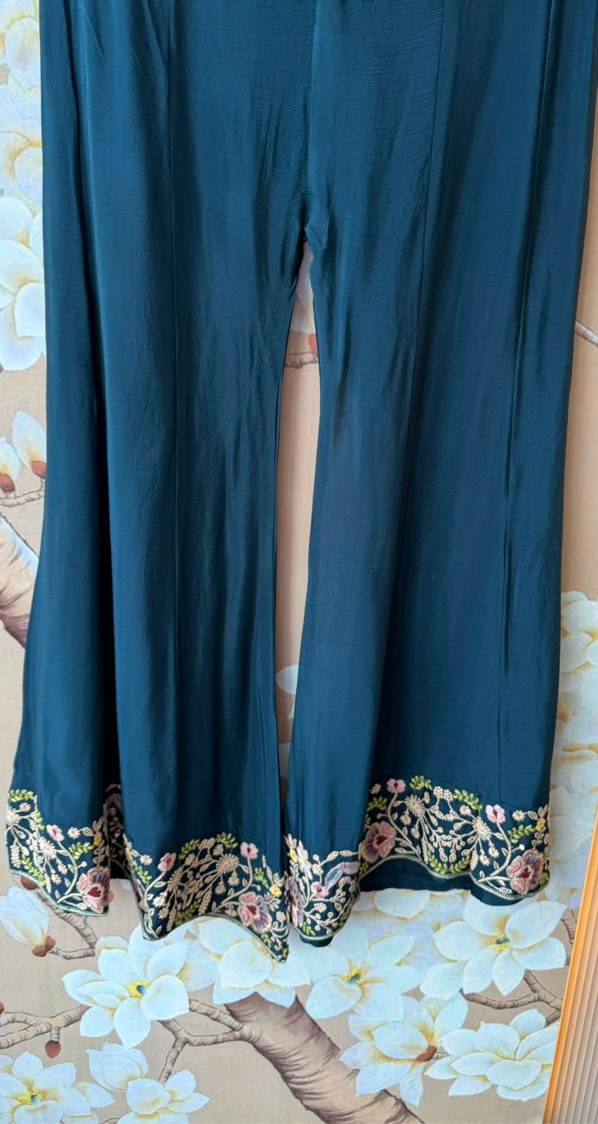 Premium chinon heavy handwork co ord set paired with bell bottom in teal blue