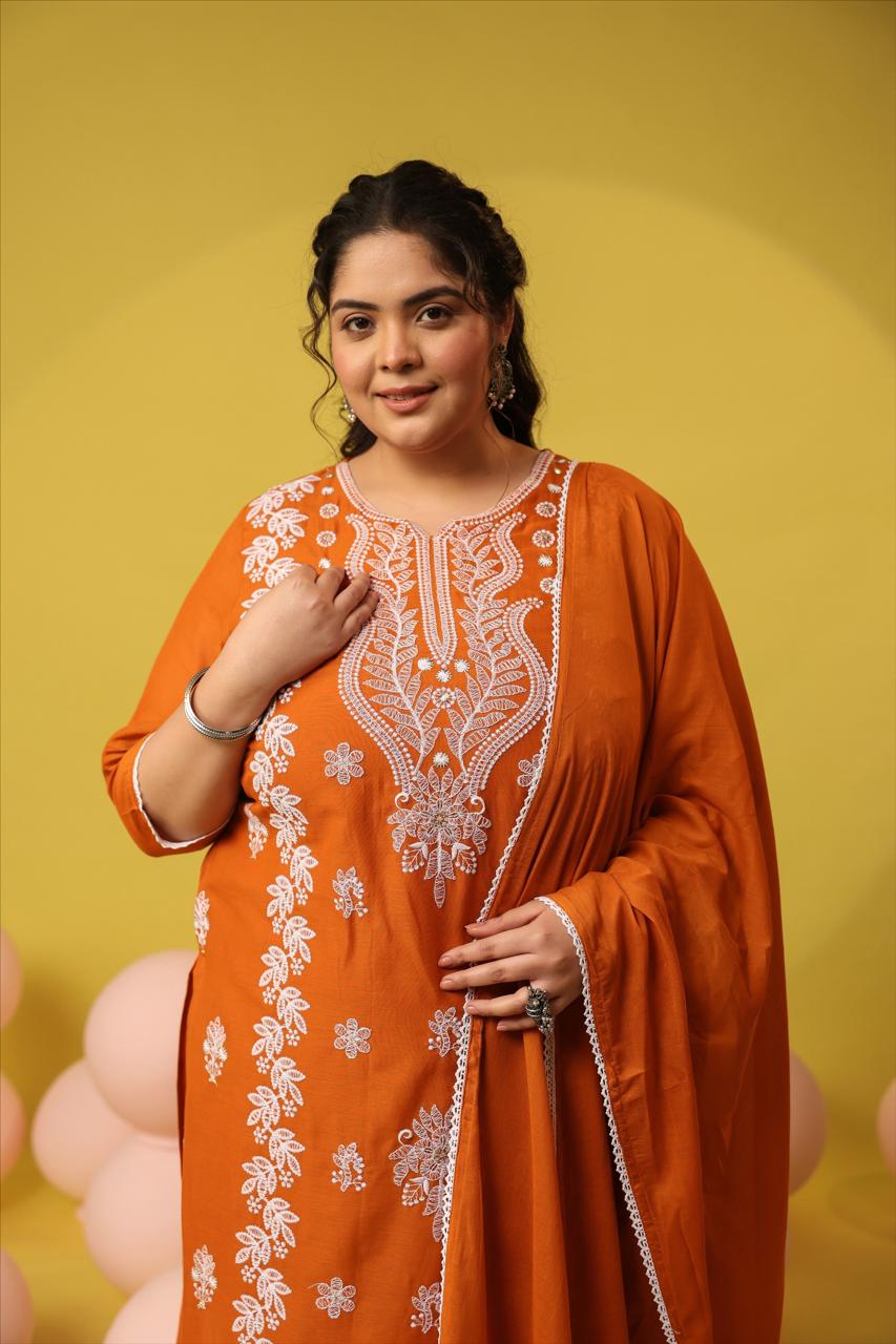 Pure Mul cotton chikankari suit set in orange