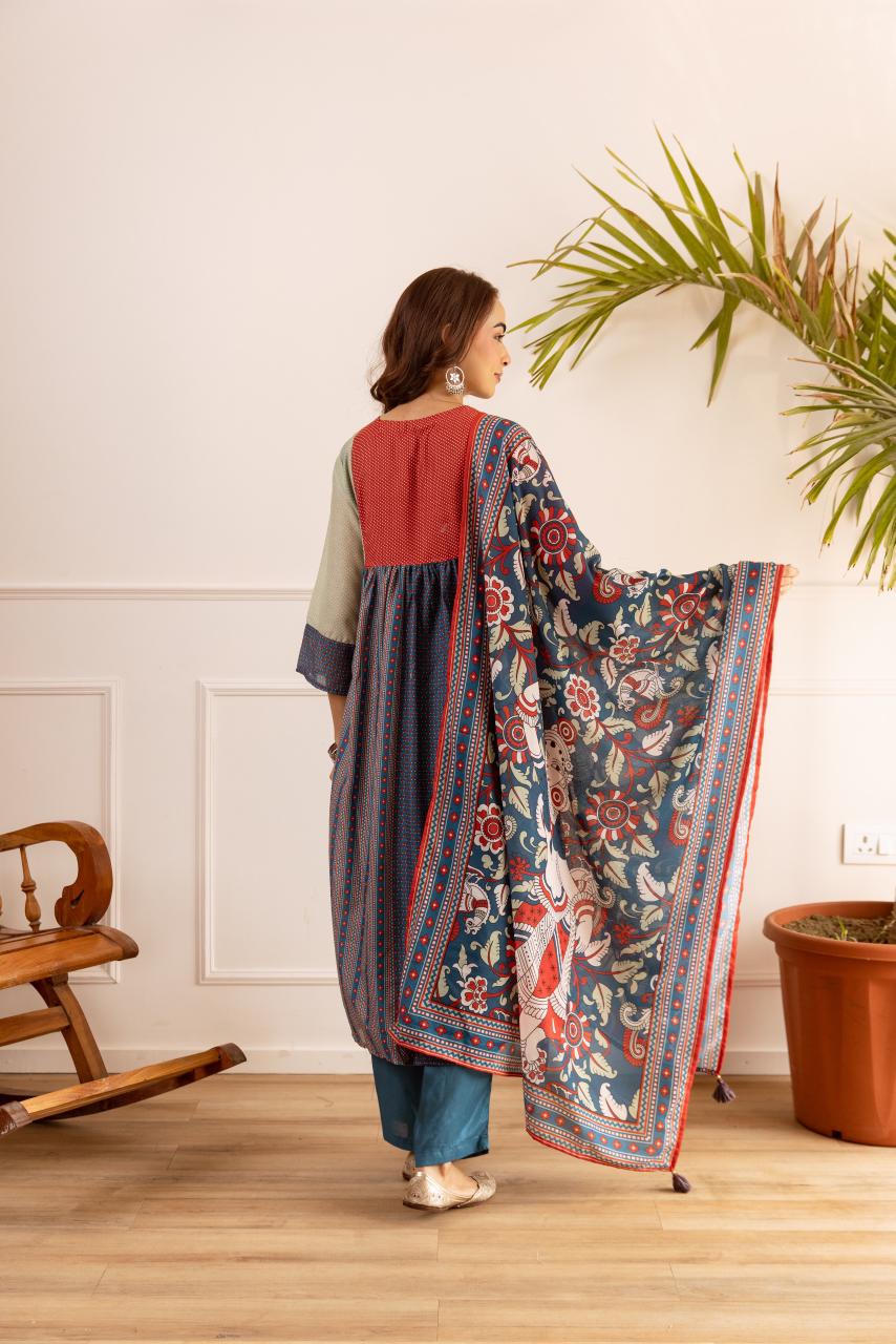 Premium Mul digital cotton suit paired with a Kalamkari dupatta