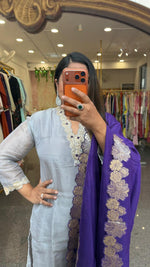Premium tissue set paired with full zari weaving dupatta and beautiful hand work on yoke