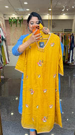 Pretty Mul cotton lining fully embroidered suit set in yellow