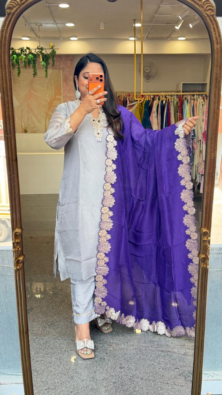 Premium tissue set paired with full zari weaving dupatta and beautiful hand work on yoke