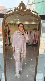 Heavy chinon with premium handwork co ord paired with a pretty pretty cape in lilac