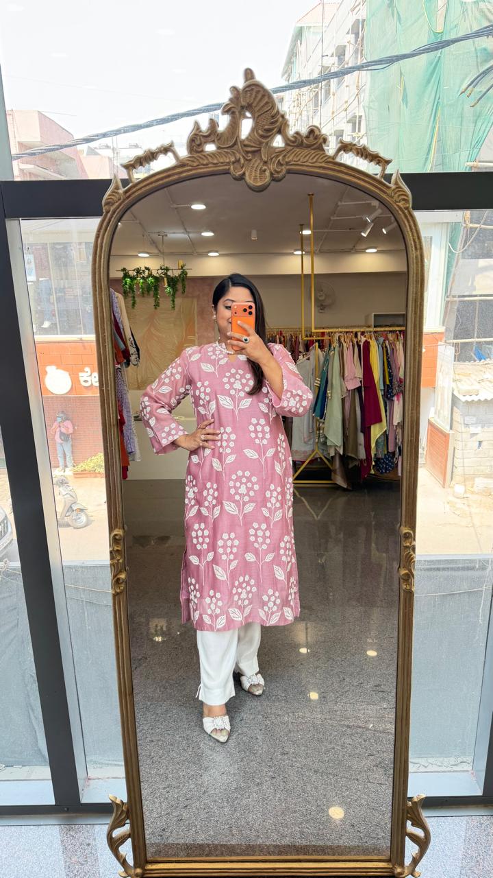 Restocked on high demand ! Celebrity design embroidered Mul chanderi kurta pant in powder pink