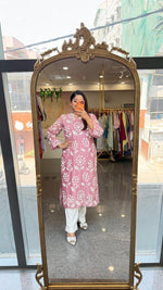 Restocked on high demand ! Celebrity design embroidered Mul chanderi kurta pant in powder pink