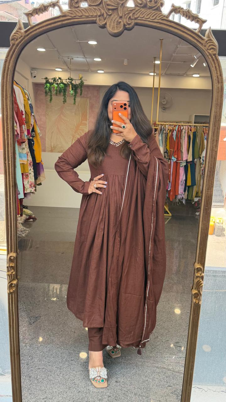 Premium Alia cut cotton suit set in brown
