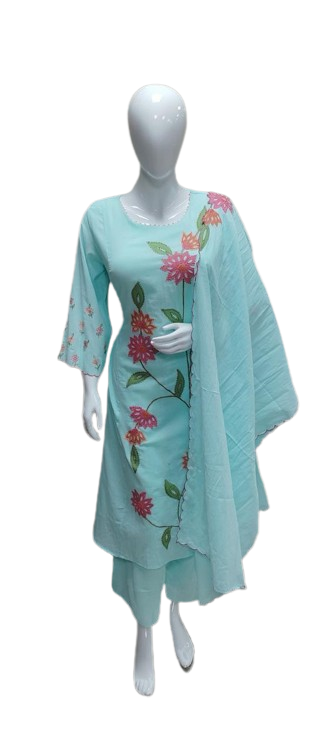 Applique work ice blue cotton suit set