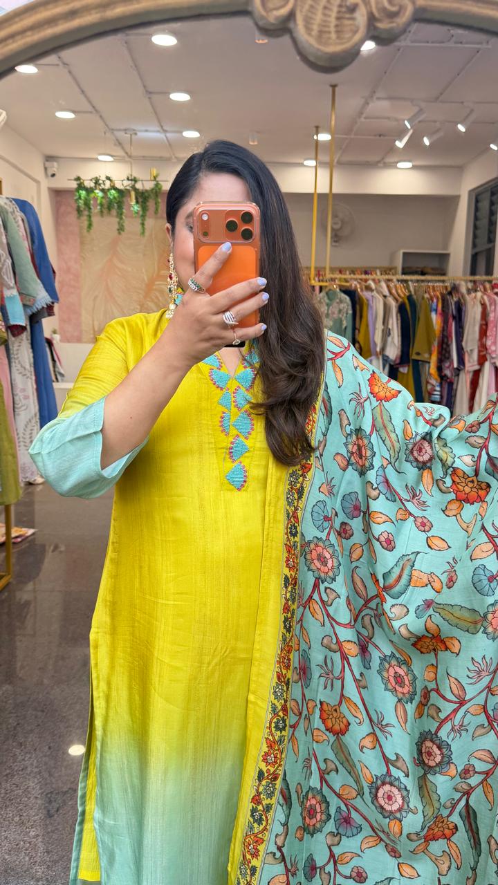restock!!!Most trending colour combination Russian silk suit set paired with Kalamkari dupatta (true to size )!!
