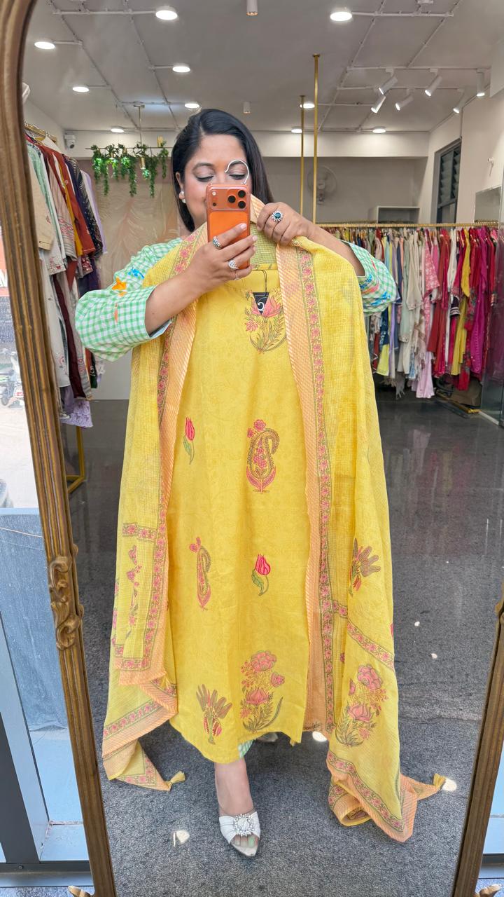 Pure cotton lining full suit set in yellow