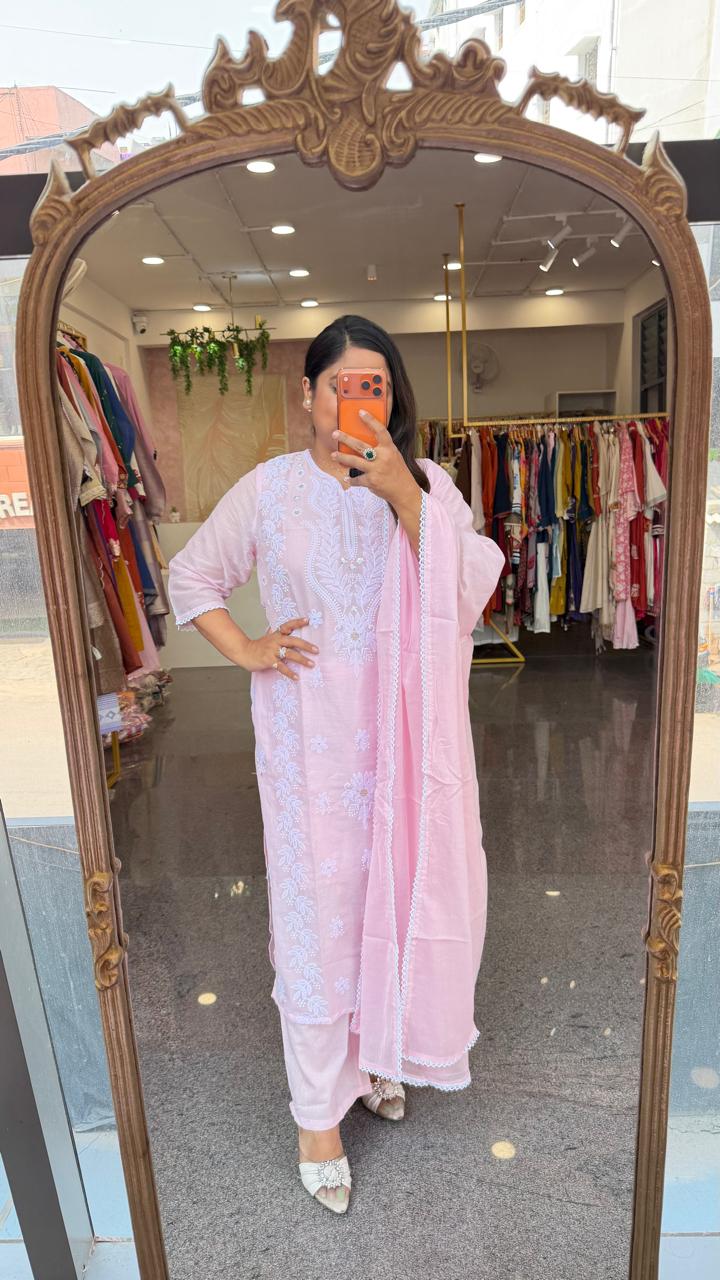 Pure Mul cotton chikankari in baby pink