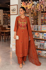 Fully embroidered designer cotton suit set in orange