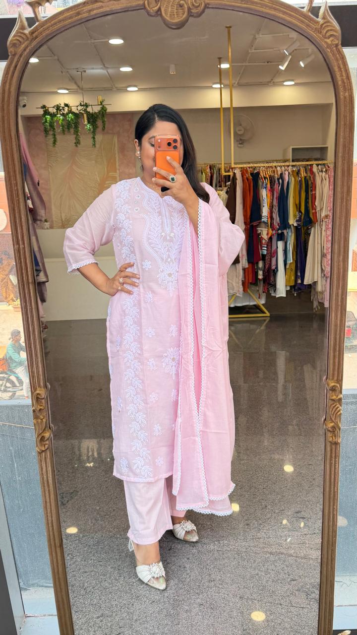 Pure Mul cotton chikankari in baby pink