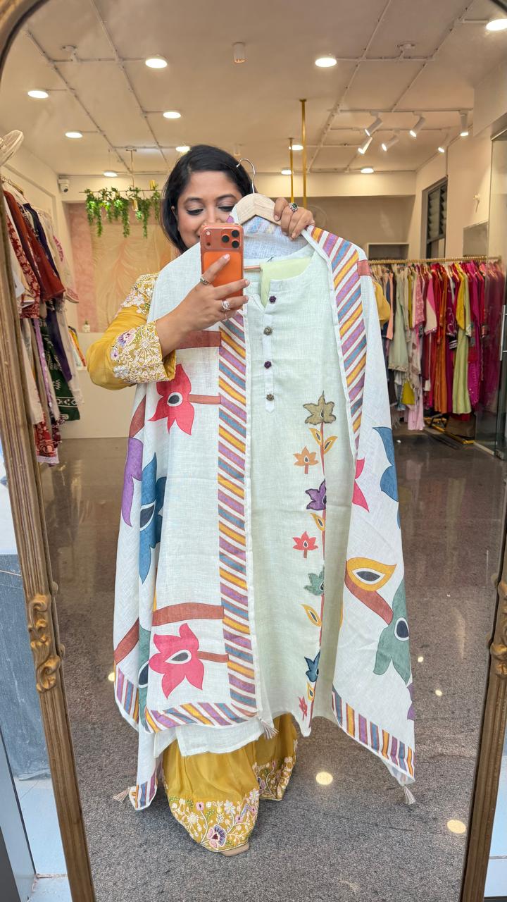 Linen cotton front n back printed with katha detailing suit set
