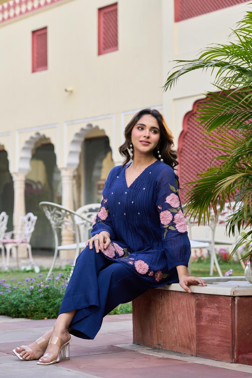 Pretty applique work Mul chanderi co ord set