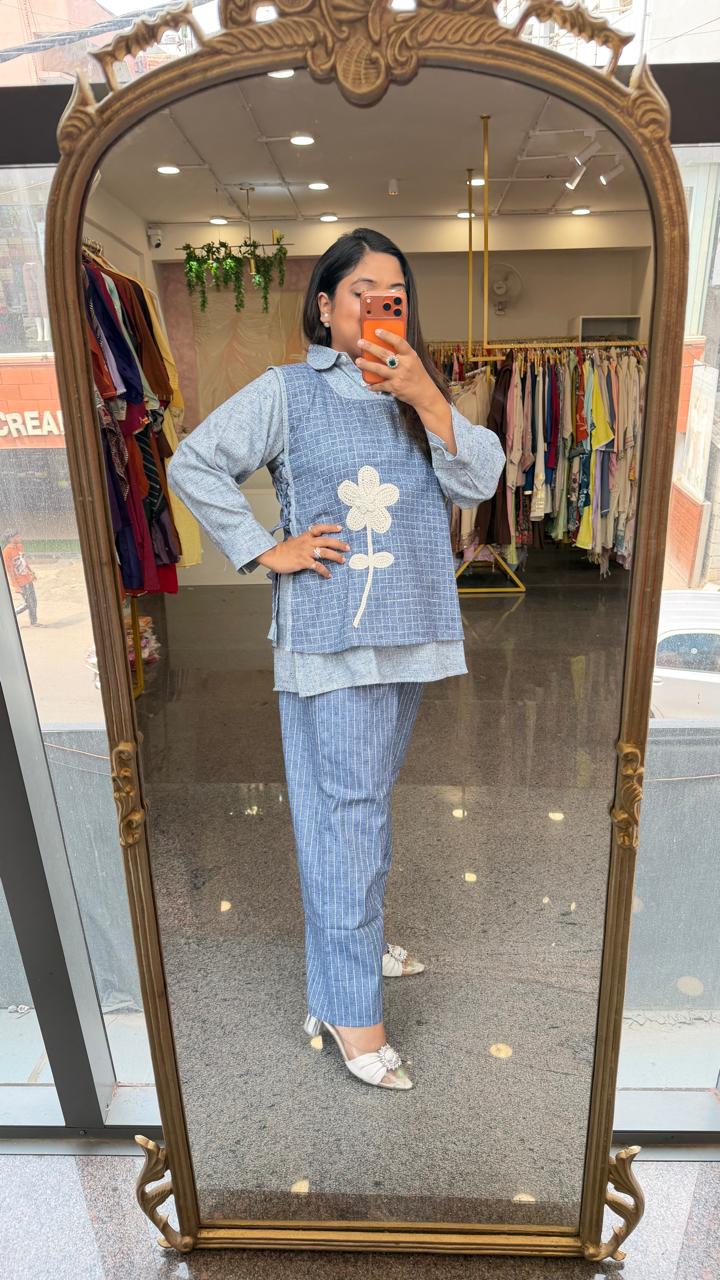 Smart organic cotton applique co ord set in blue