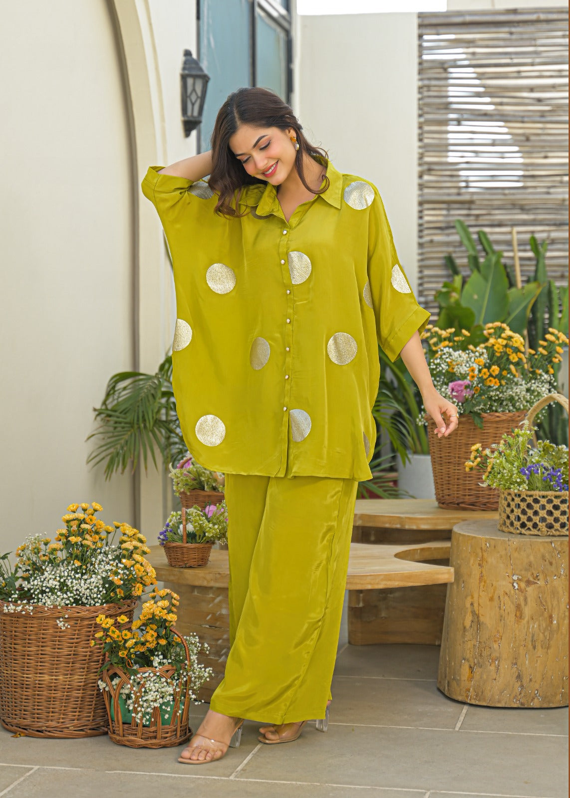 Pure crepe gold Zari applique co ord set in green