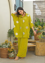 Pure crepe gold Zari applique co ord set in green