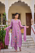 Applique work lilac Mul chanderi suit set