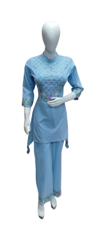 Pure cotton embroidered co ord in blue
