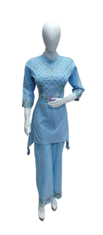 Pure cotton embroidered co ord in blue