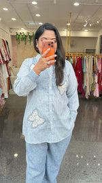 Applique work organic cotton Co ord set in blue