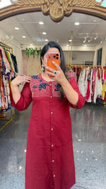 Premium cotton applique work cotton suit in red with pocket and paired with a Kalamkari