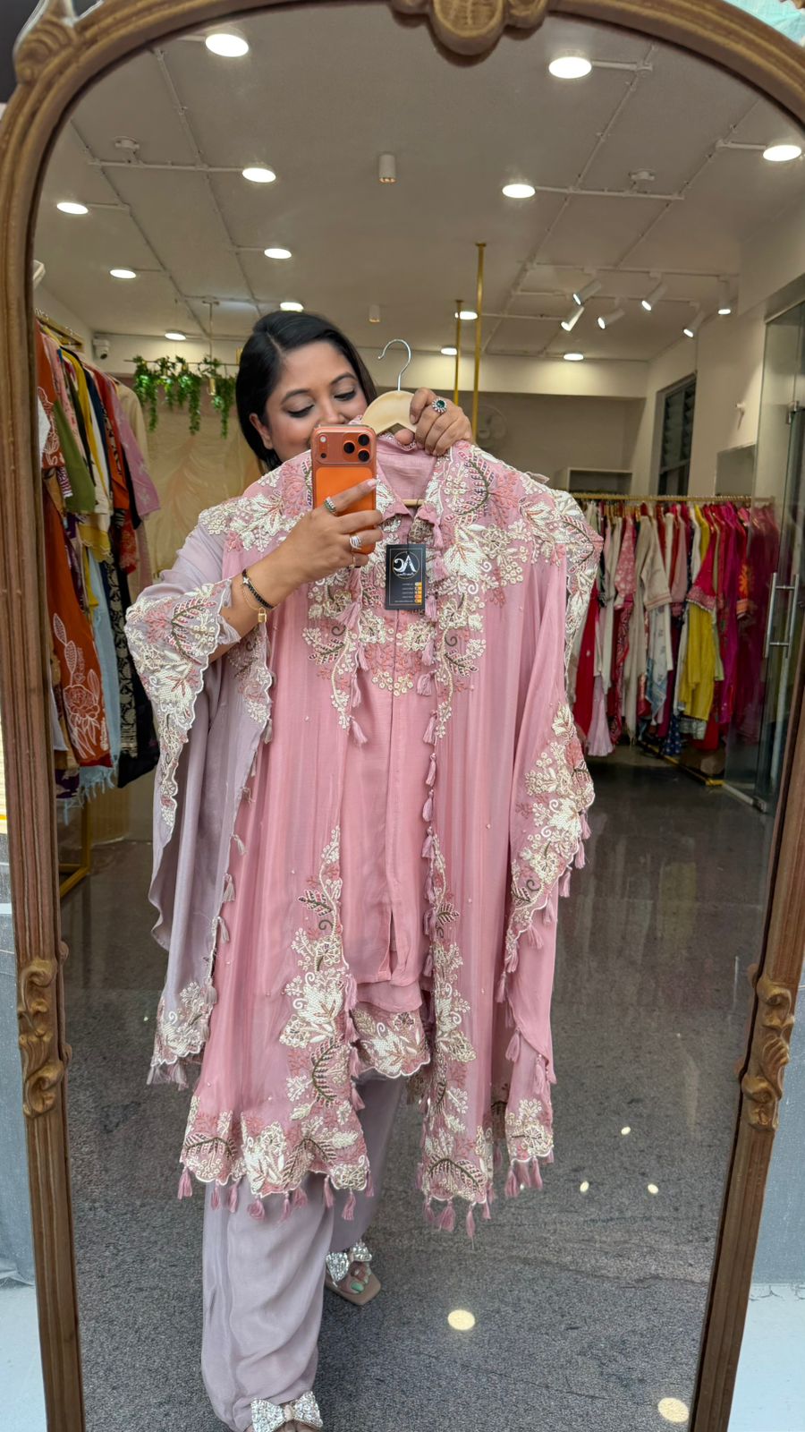 Heavy chinon with premium handwork co ord paired with a pretty pretty cape in pink