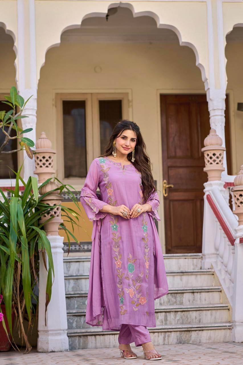 Applique work lilac Mul chanderi suit set