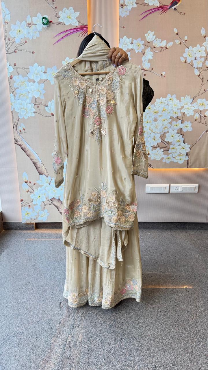 Premium chinon heavy embroidered and embellished sharara suit set&nbsp;