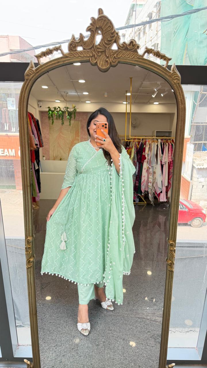 Pure Mul cotton fully embroidered front n back angrakha suit set in mint green