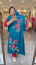 Mul cotton fully embroidered in firozi colour