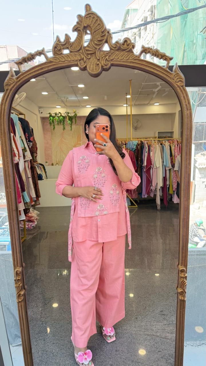 Pure cotton jute detachable jacket smart pink co ord set