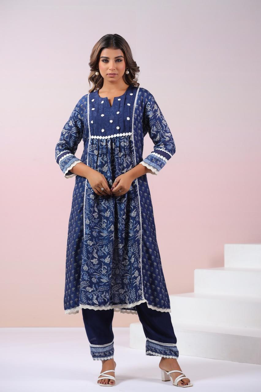 Pure Mul silk lace detailing indigo kurta pant