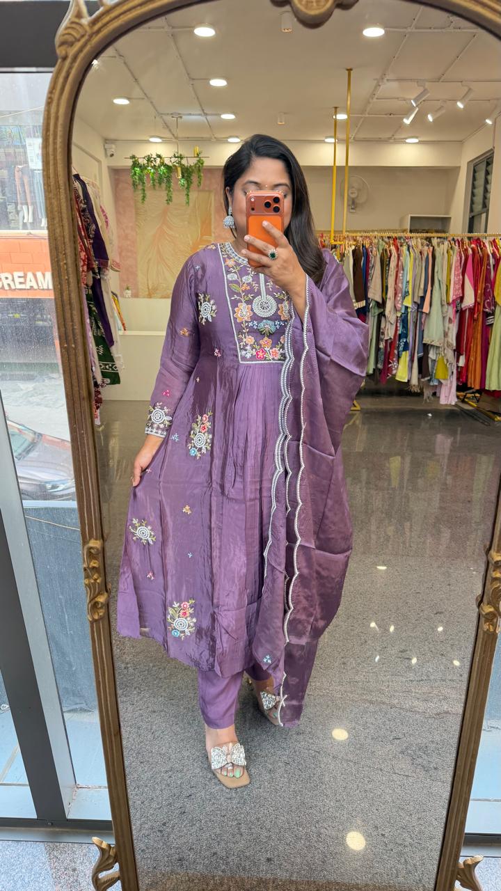 Premium crepe silk hand embroidered suit set in purple