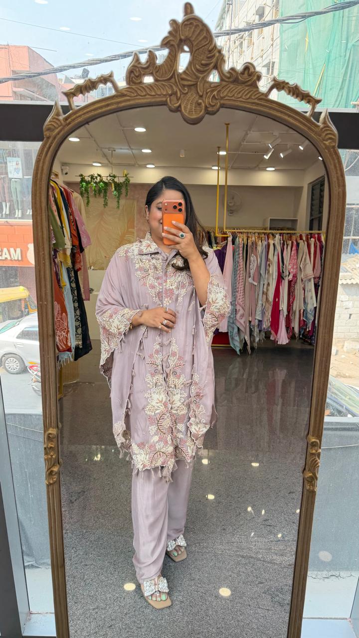 Heavy chinon with premium handwork co ord paired with a pretty pretty cape in lilac