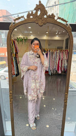 Heavy chinon with premium handwork co ord paired with a pretty pretty cape in lilac