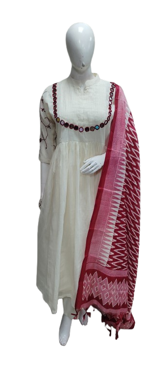 Premium cotton hand embroidery real mirror full suit paired with cotton silk dupatta