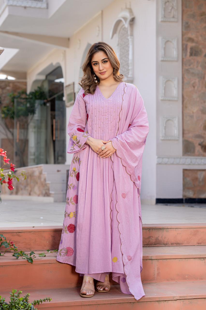 Premium applique work Mul cotton suit set