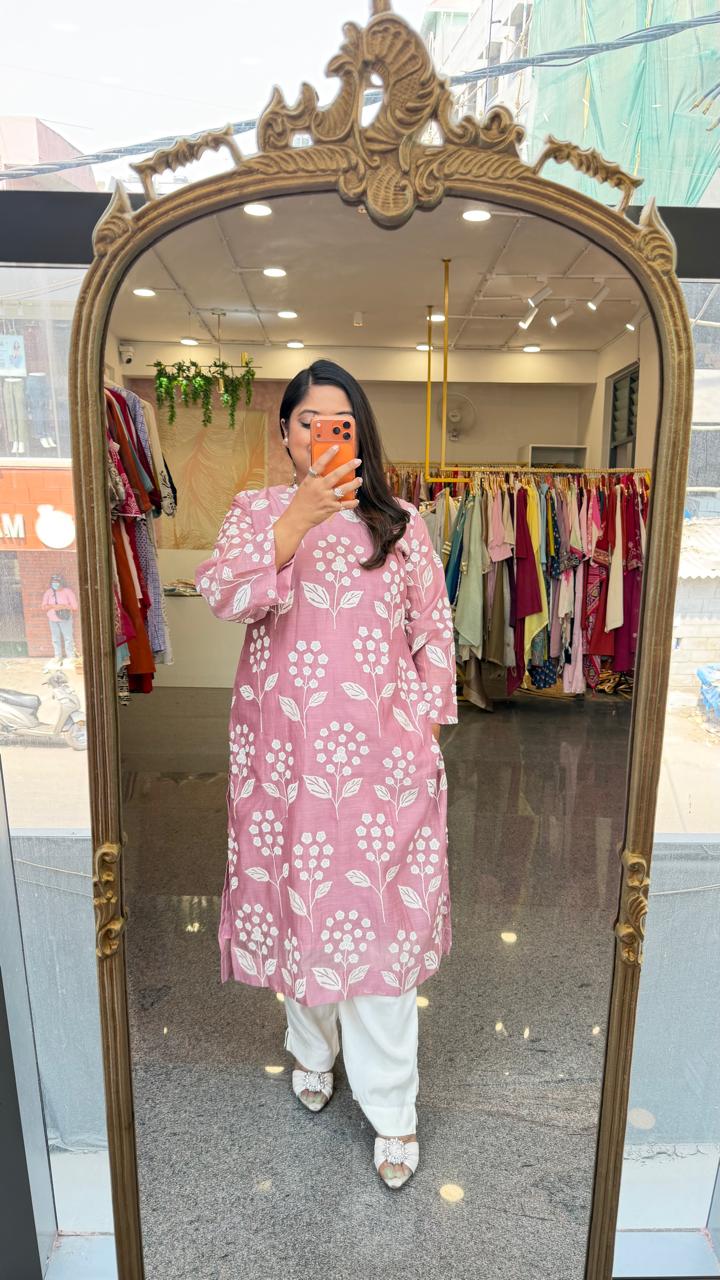 Restocked on high demand ! Celebrity design embroidered Mul chanderi kurta pant in powder pink