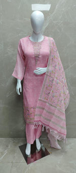 Super premium linen Chanderi embroidery suit in baby pink