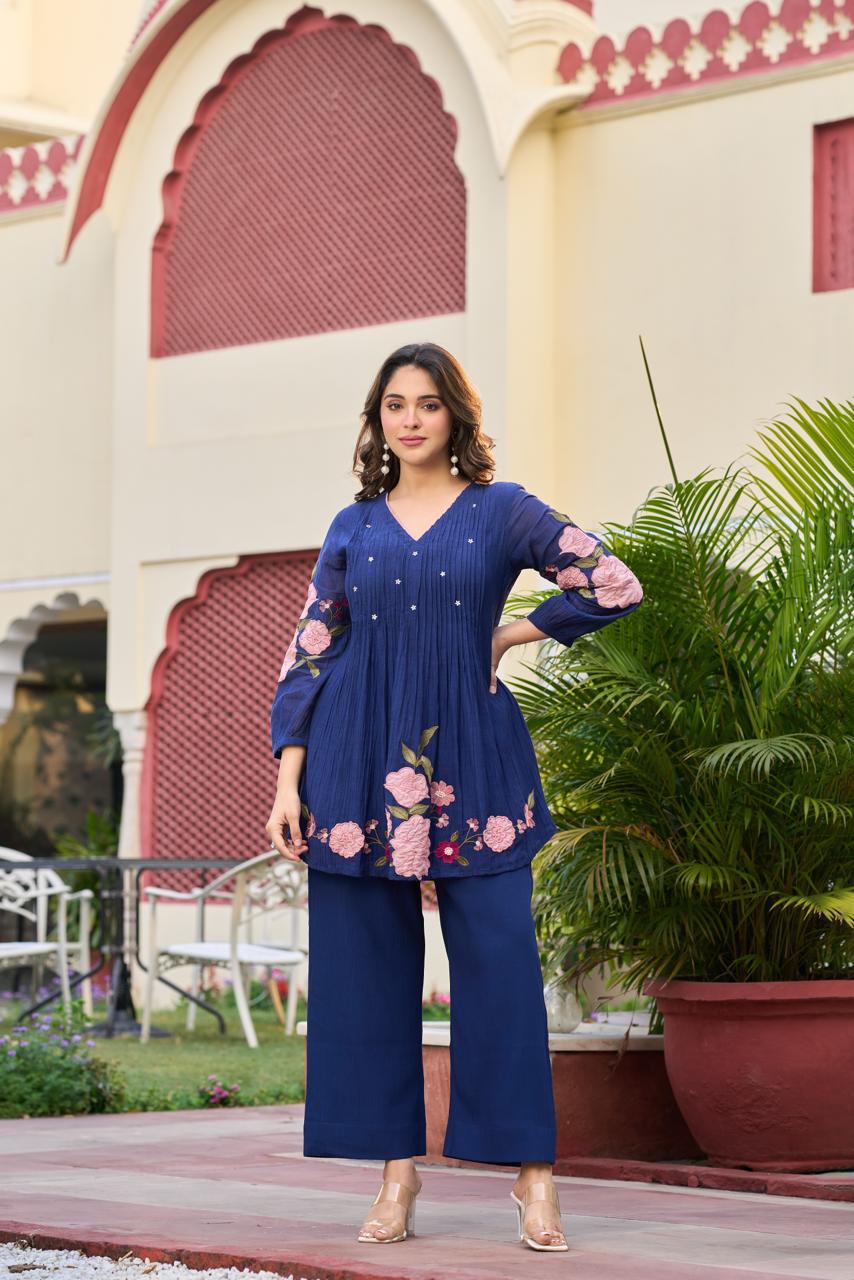 Pretty applique work Mul chanderi co ord set